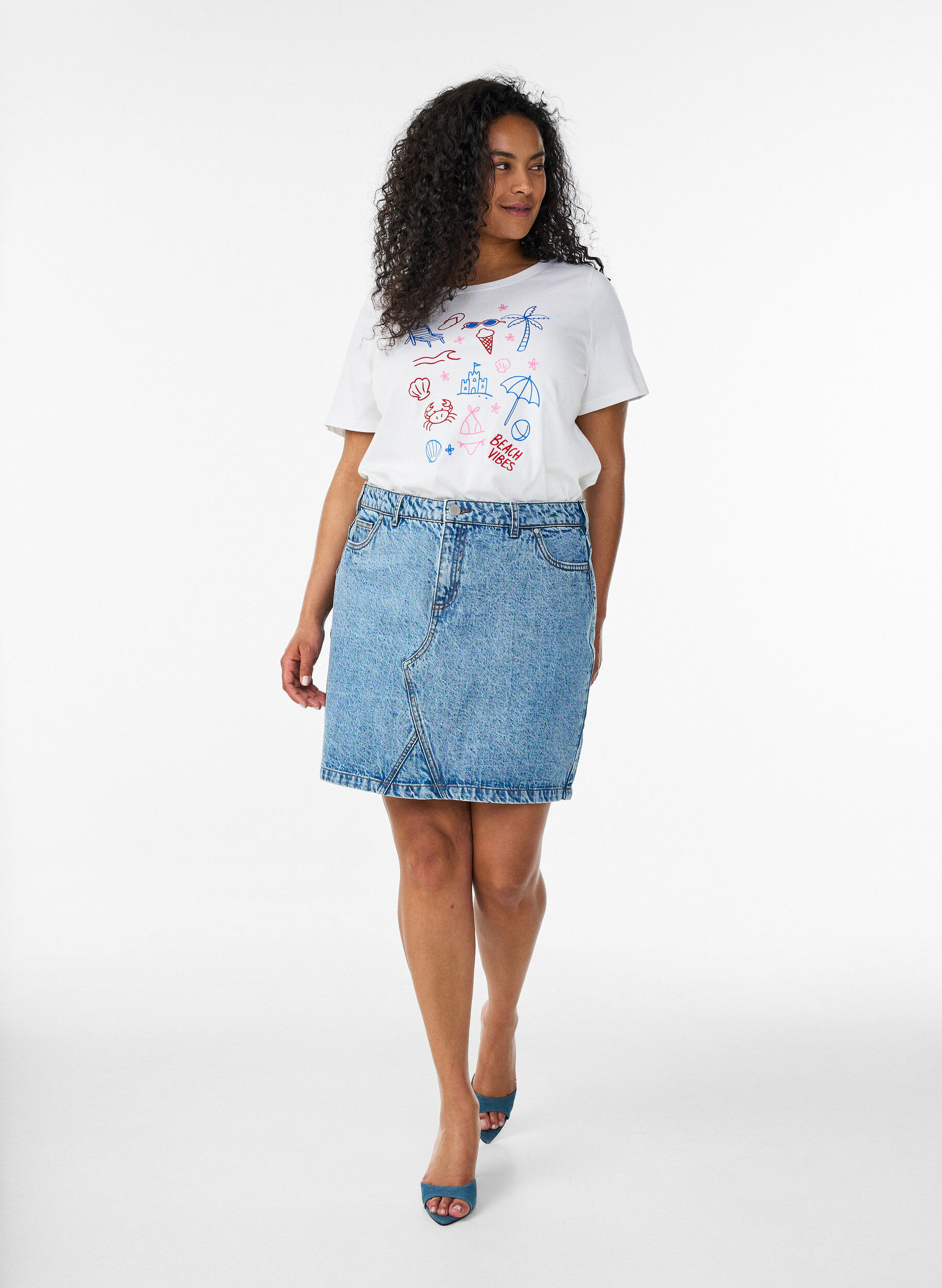 ZizziT-shirt en coton bio avec imprim&eacute; plage, Blanc, Model image number 1