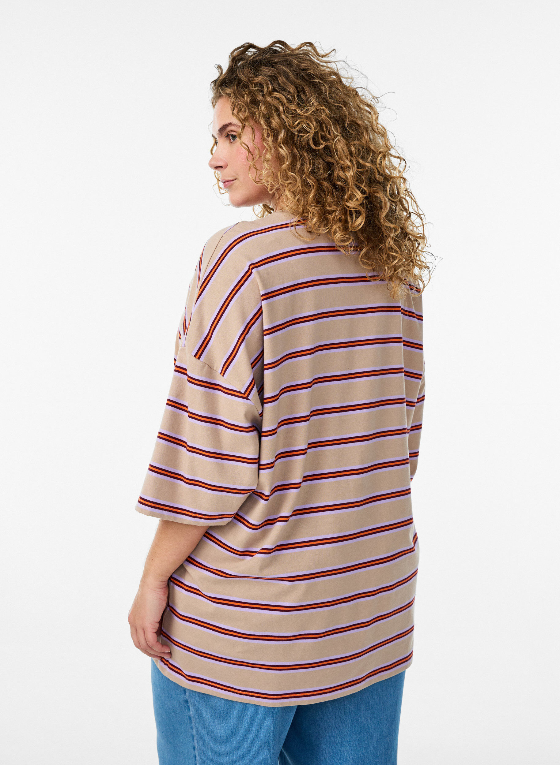 ZizziOversized T-shirt met strepen en 1/2 mouwen, Beige, Model image number 2