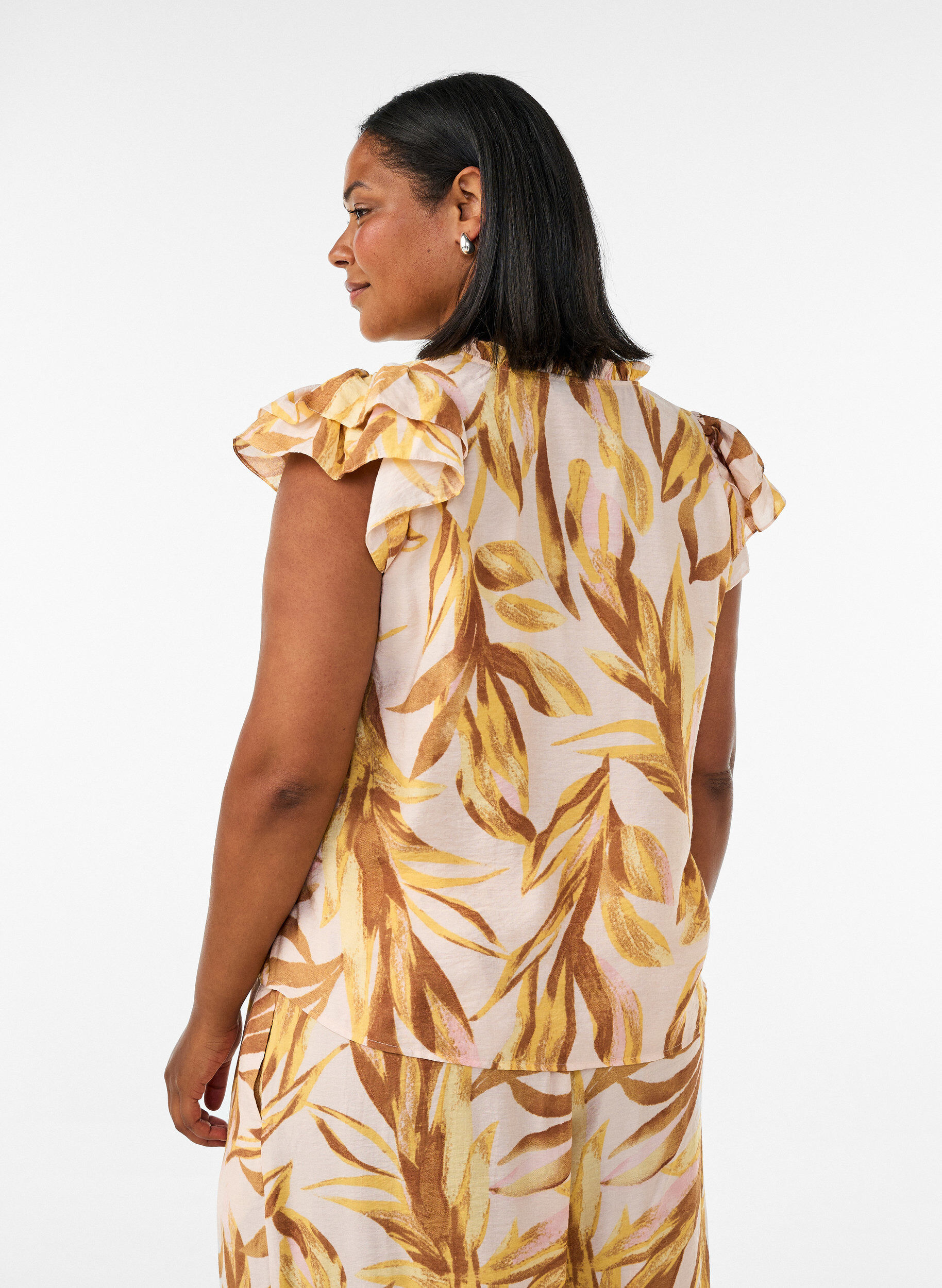ZizziViscose blouse met bladprint en ruches, Geel, Model image number 2