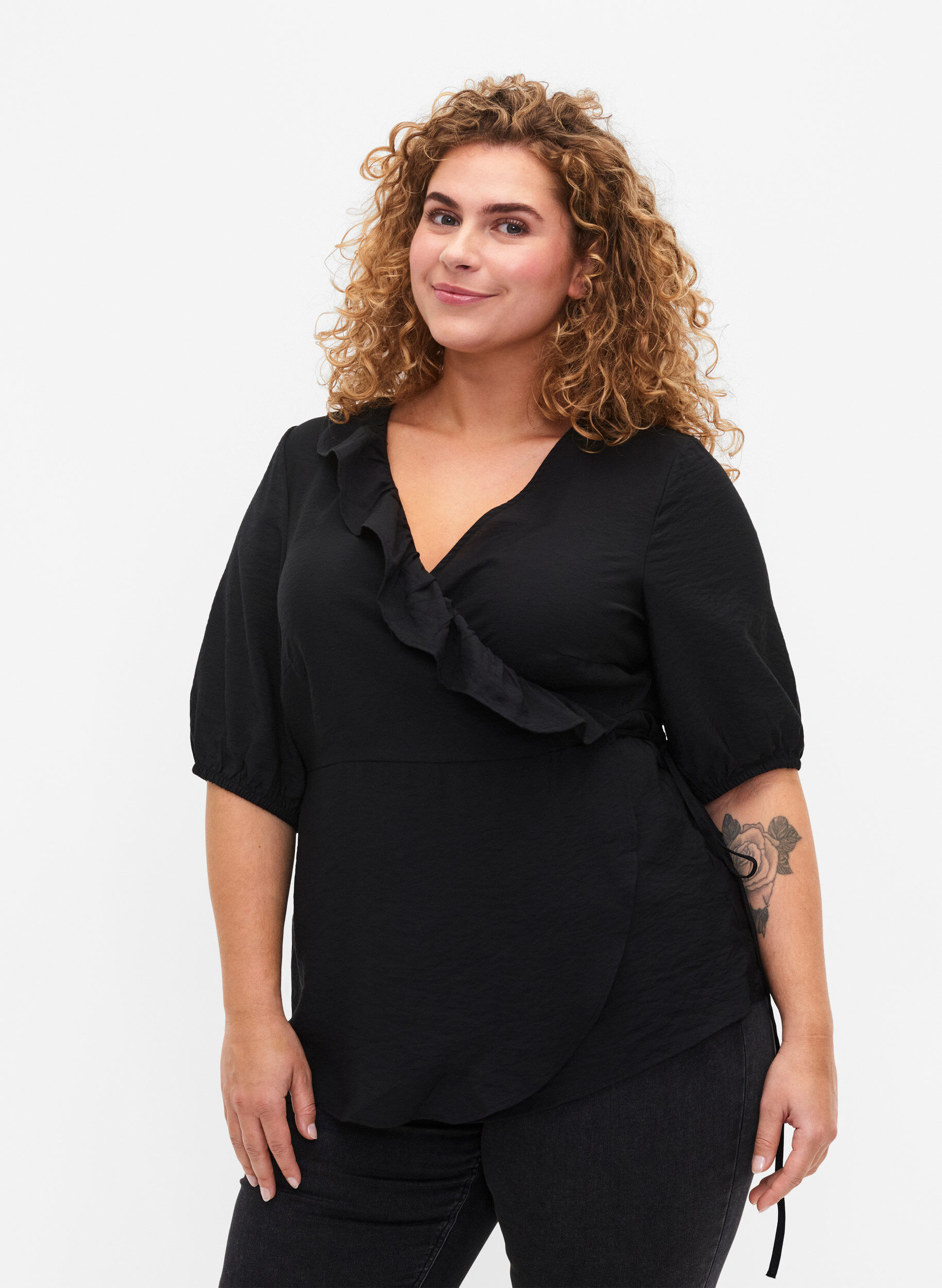 ZizziWikkelblouse van Viscose met korte mouw, Black, Model image number 0