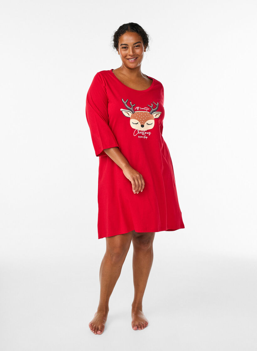 Chemise de nuit en coton bio avec motif de No&euml;l, Rouge, Model image number 1