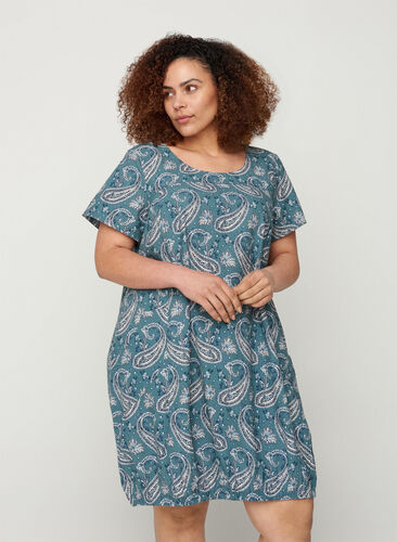 Katoenen jurk met korte mouwen en print, Paisley, Model image number 0
