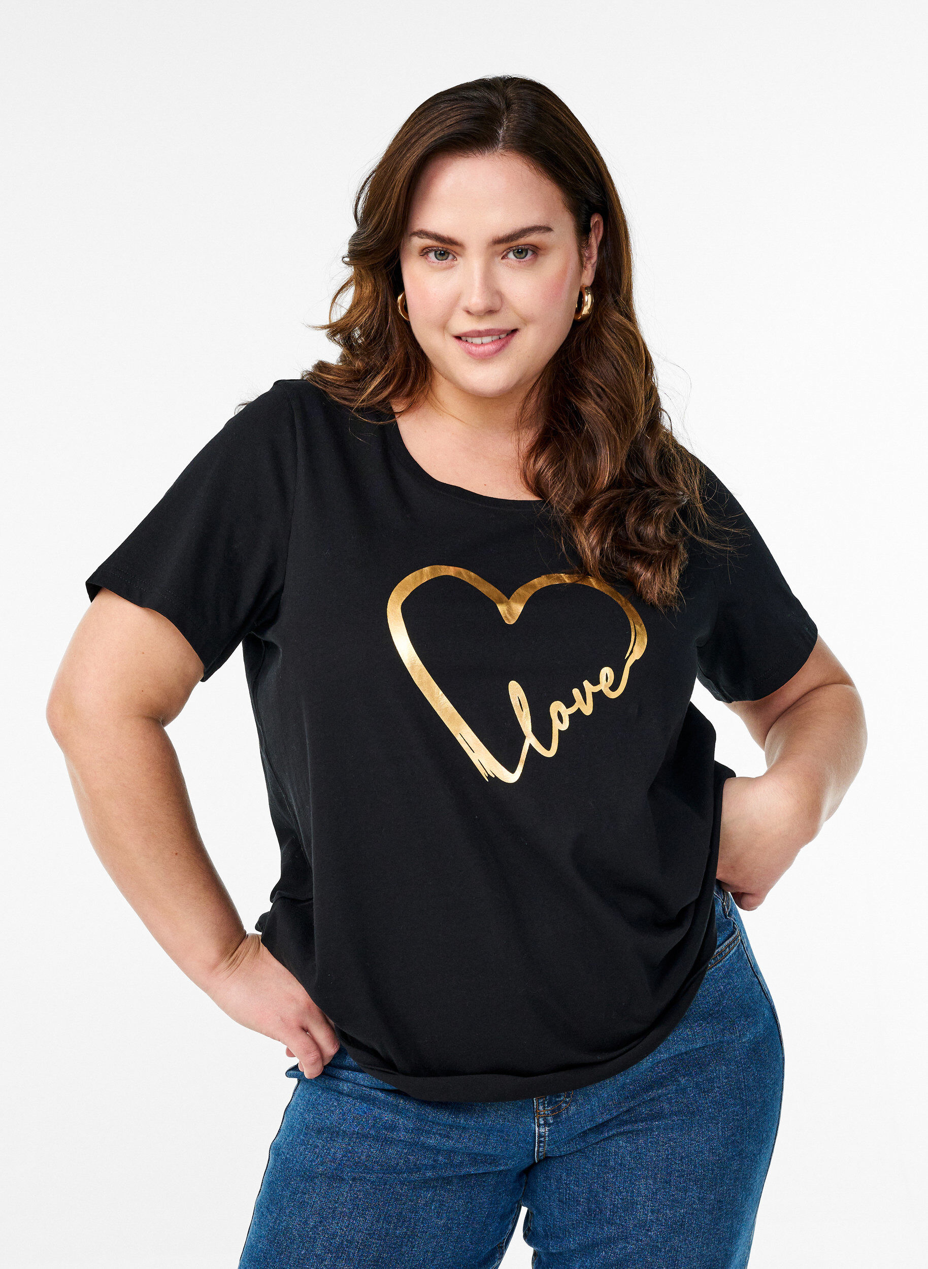 Zizzi T-shirt en coton avec motif, Black w. Gold Love, Model image number 0