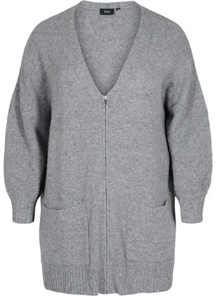 Long cardigan en maille à fermeture Éclair et poches, Medium Grey Melange, Packshot image number 0