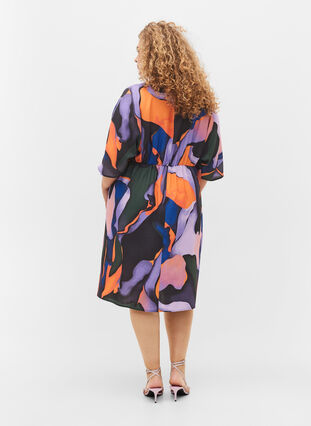 Midi-jurk met v-hals in gekleurde print, Big Scale Print, Model image number 1