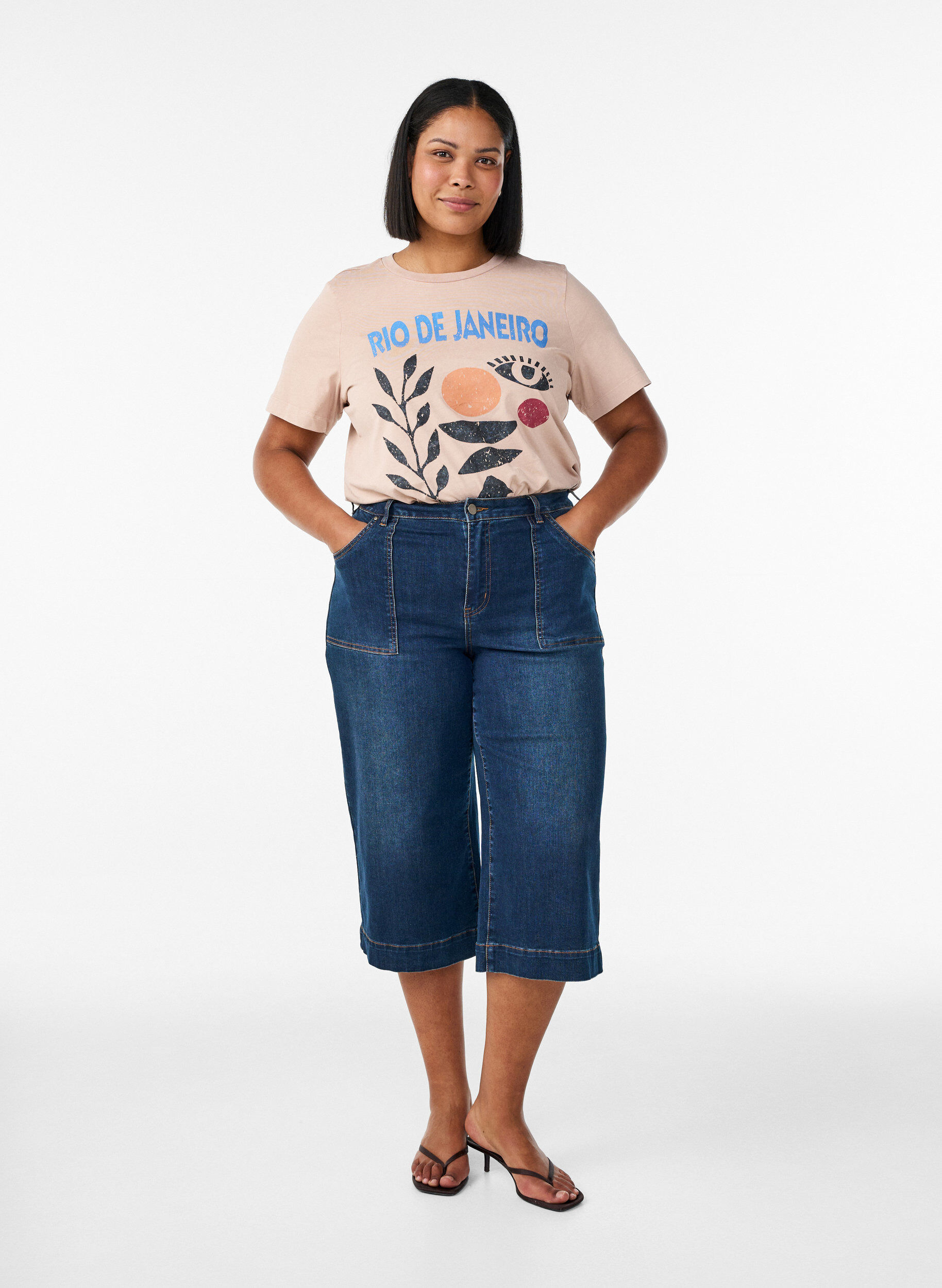 ZizziKatoenen T-shirt met print aan de voorkant, Beige, Model image number 1