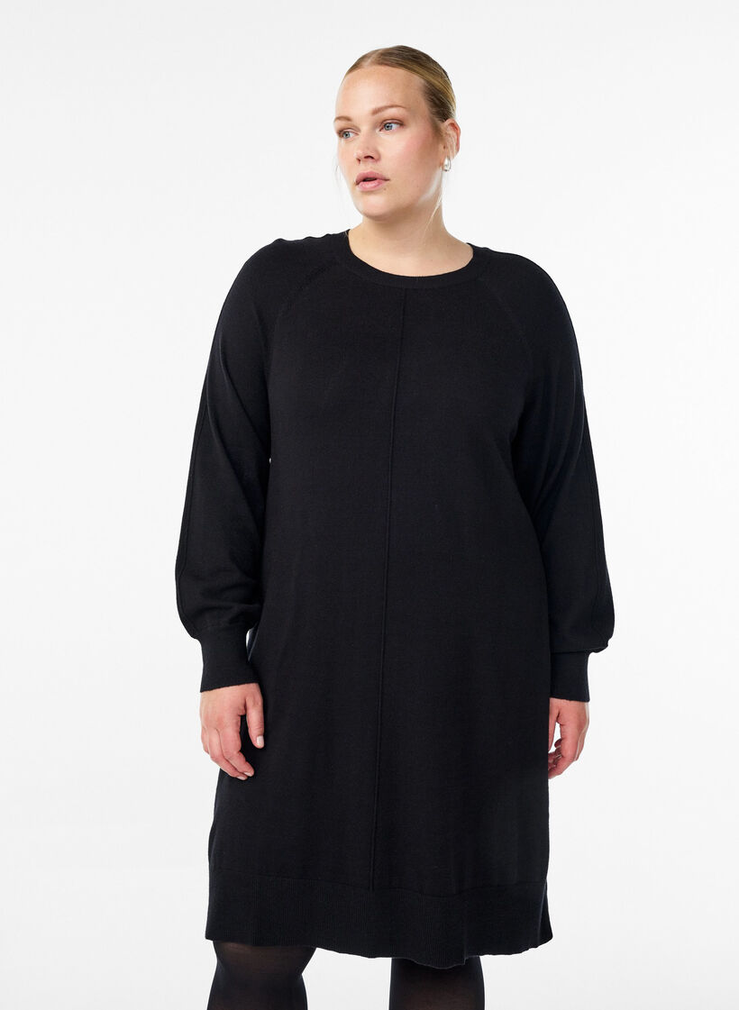 Robe courte en maille &agrave; manches raglan et couture centrale, Noir, Model image number 0