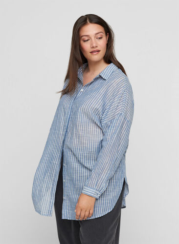 Chemise longue rayée en coton, Country Blue Stripe, Model image number 0