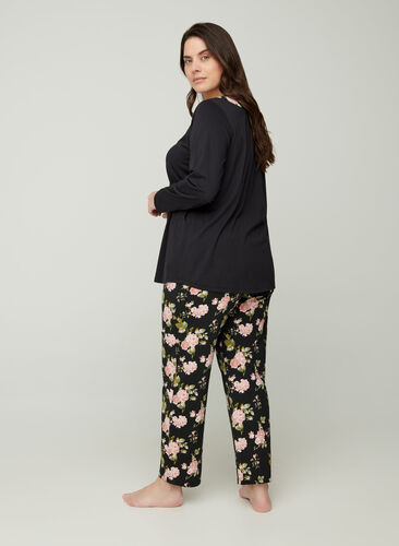 Bas de pyjama fleuri en coton, Black w. Flower, Model image number 0