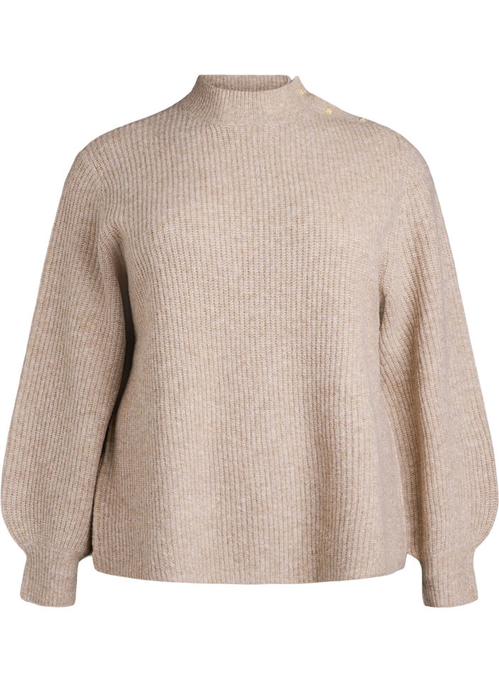 Pull c&ocirc;tel&eacute; &agrave; manches bouffantes et boutons, Beige, Packshot image number 0