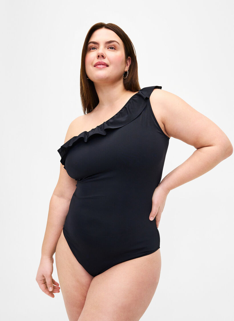 Maillot de bain épaule dénudée avec volants, Black, Model image number 0