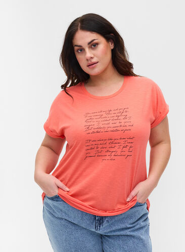 T-shirt avec imprimé en coton biologique, Living Coral Text, Model image number 0