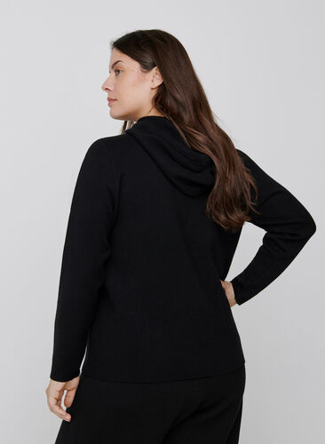 Gebreide sweater met capuchon en trekkoord, Black, Model image number 1