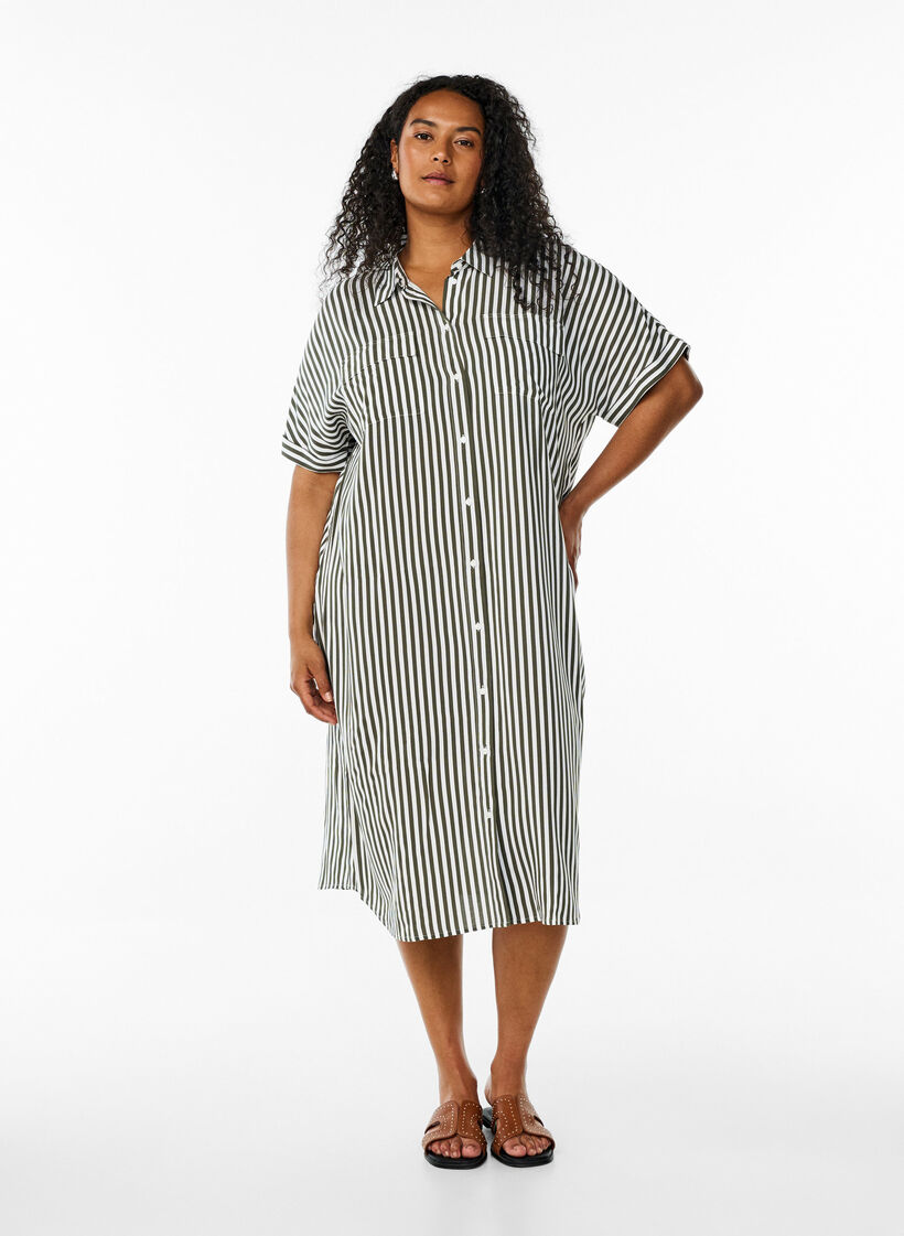 Robe chemise longue avec manches courtes, Vert, Model image number 1