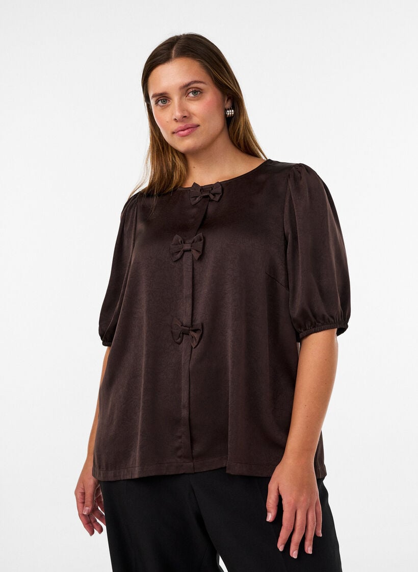 Blouse en satin avec n&oelig;uds et manches au coude, Marron, Model image number 0