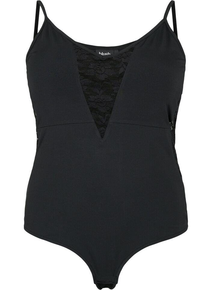 Bodystocking met kant en spaghettibandjes, Black, Packshot image number 0