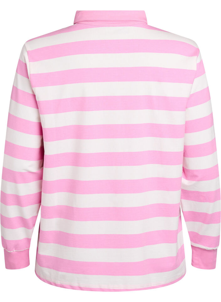 Gestreept poloshirt met badstof details, Bubblegum w. White, Packshot image number 1