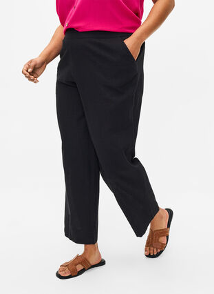 Pantalon ample en lin et coton mélangés, Black, Model image number 2