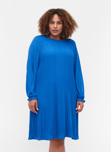 Robe plissée à manches longues et volants, Dazzling Blue, Model image number 0