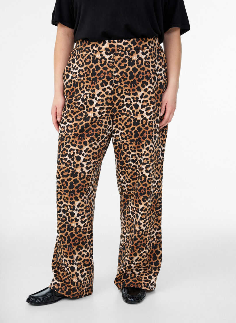 Luipaardprint broek met straight-fit, Bruin, Model image number 2