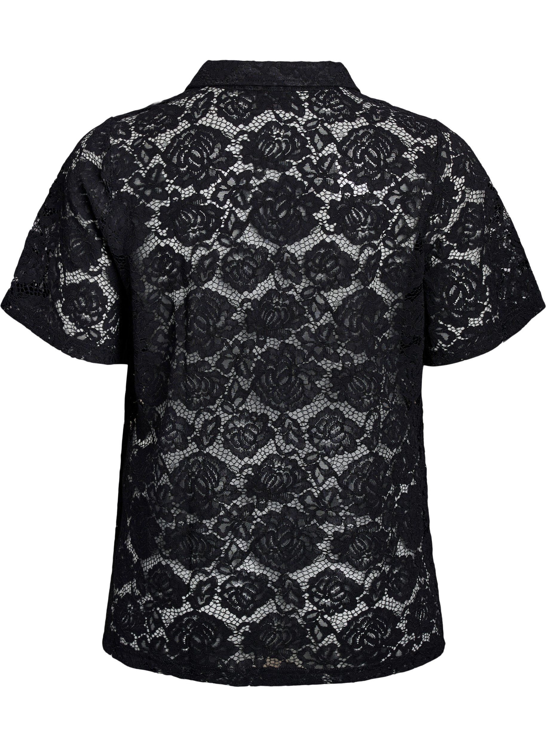 ZizziKanten blouse met een kraag en V-hals, Zwart, Packshot image number 1