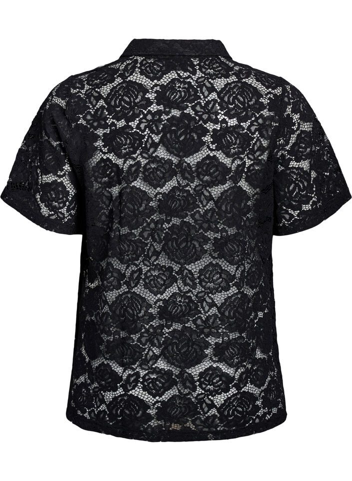 Kanten blouse met een kraag en V-hals, Zwart, Packshot image number 1