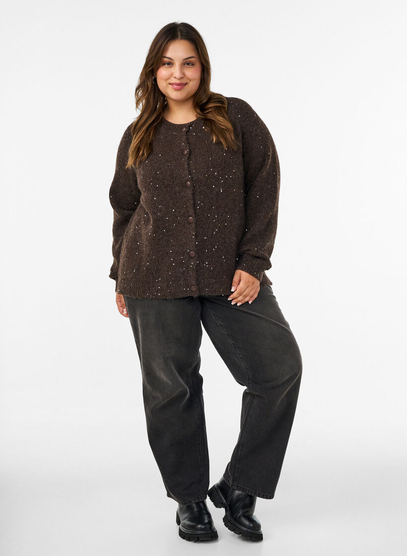 Cardigan met pailletten en knopen, Bruin, Model image number 1