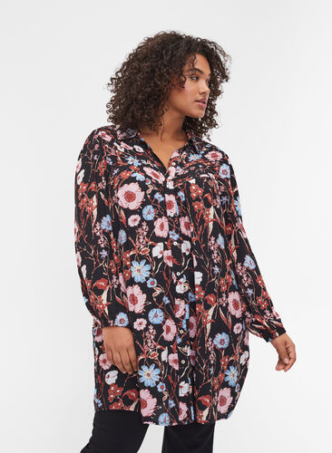 Viscose blouse tuniek met bloemenprint , Black Flower AOP, Model image number 0