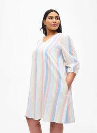 Robe courte en coton et lin mélangés, Multi Color Stripe, Model