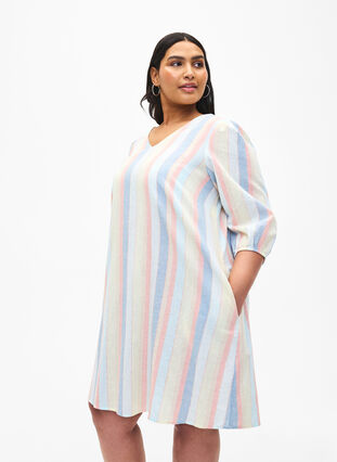 Robe courte en coton et lin mélangés, Multi Color Stripe, Model image number 0