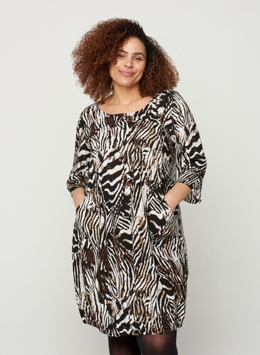 Viscose jurk met 3/4 mouwen, Zebra, Model image number 0