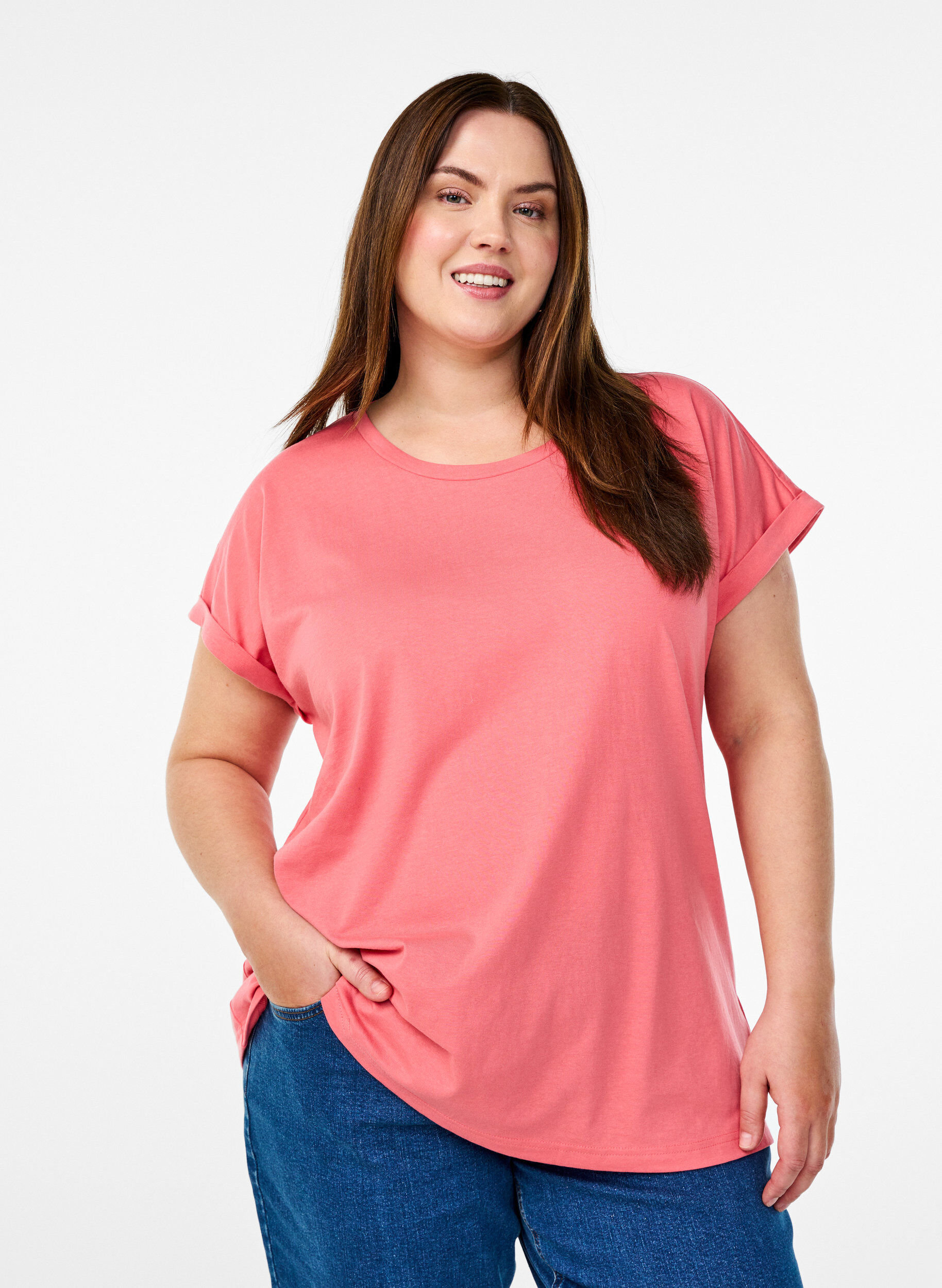 T-shirt &agrave; manches courtes en m&eacute;lange de coton, Rose, Model