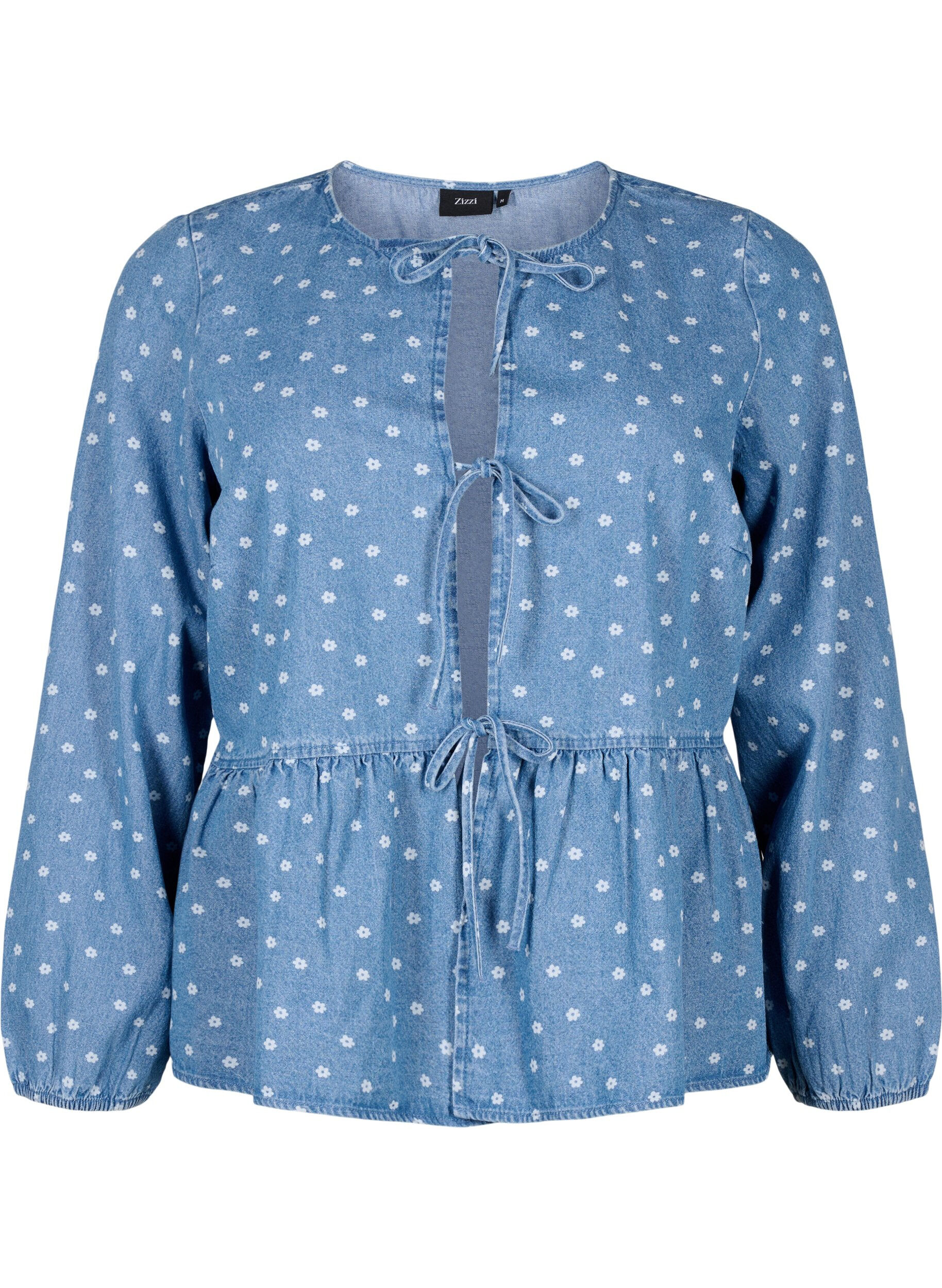 ZizziDenim peplum blouse met striksluiting, Light Blue w.Flowers, Packshot image number 0