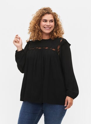 Viscose blouse met ruches en kant, Black, Model image number 0