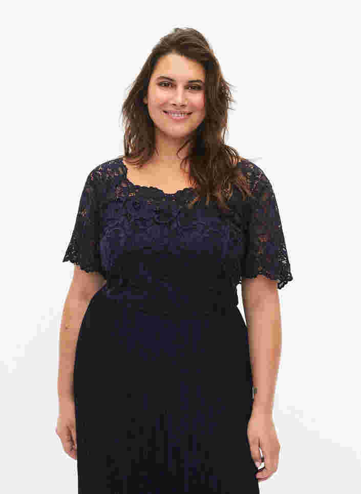Maxi-jurk met korte mouwen, plissé en kant, Night Sky, Model image number 2