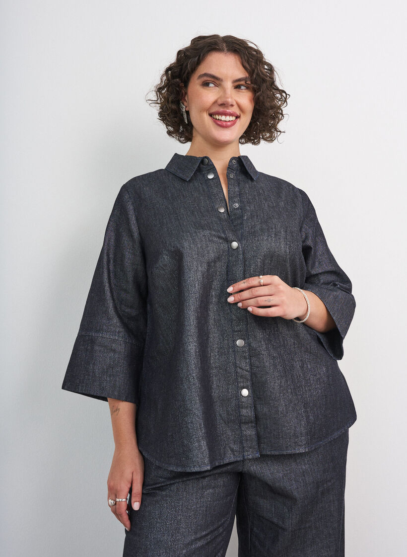 Chemise en jean avec fil paillet&eacute; et manches 3/4, Gris anthracite, Model image number 0