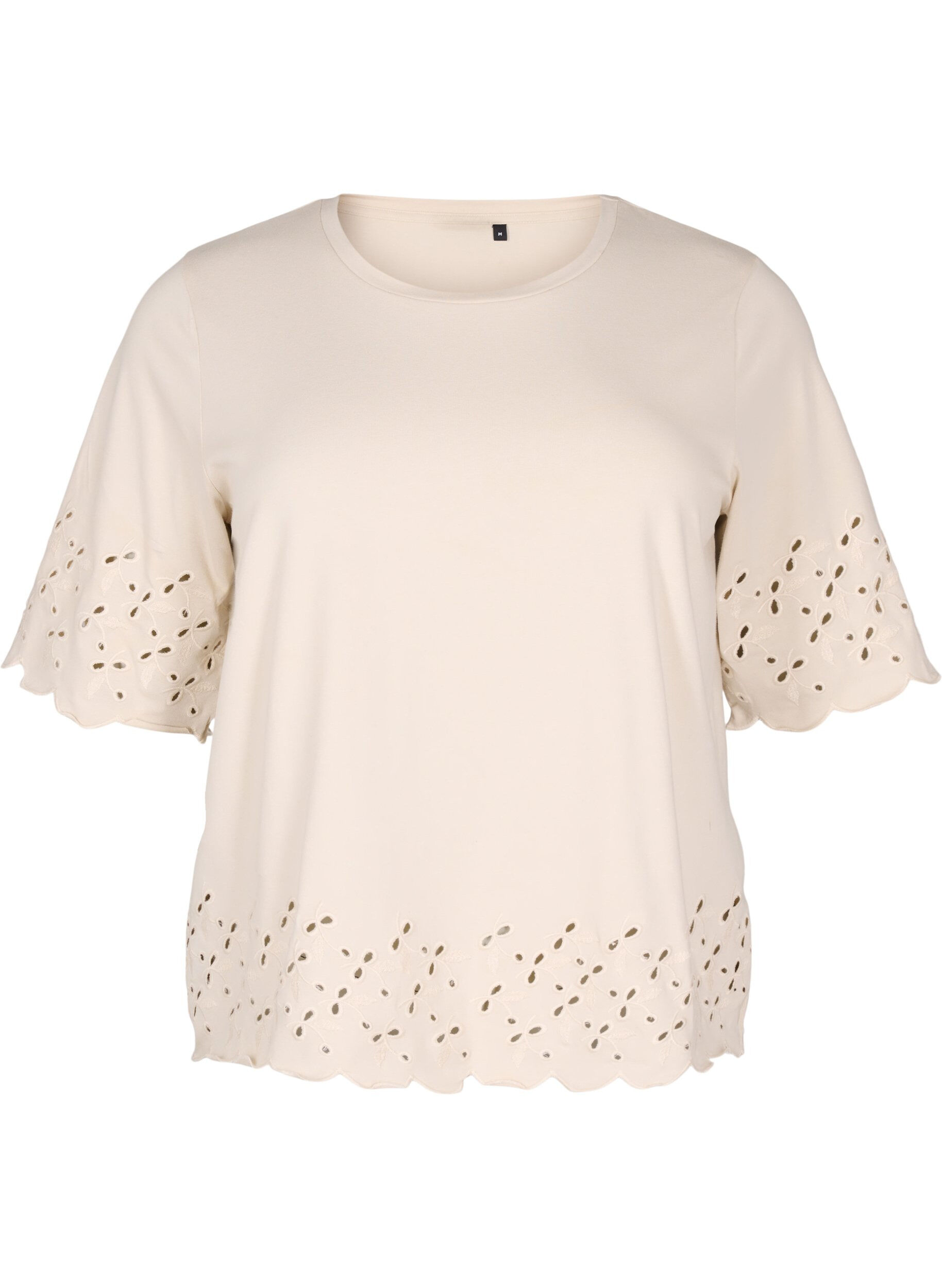 T-shirt met broderie anglaise en geschulpte randen
