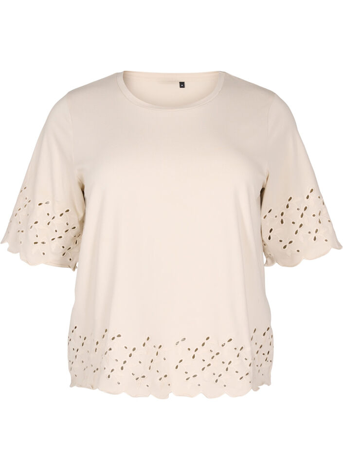T-shirt avec broderie anglaise et bords &eacute;chancr&eacute;s, Beige, Packshot image number 0
