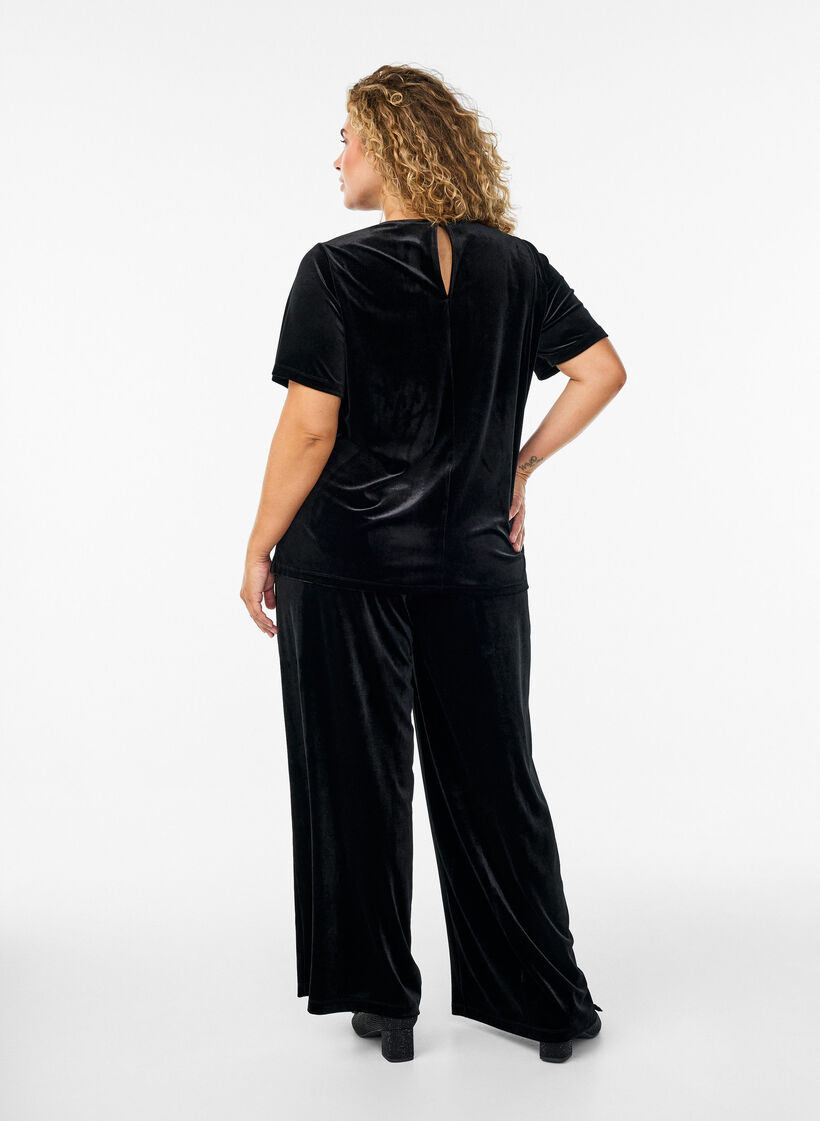 Pantalon en velours à taille haute et coupe ample, Noir, Model