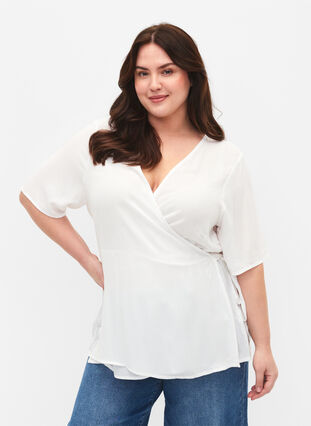 Viscose blouse met wikkel, Bright White, Model image number 0