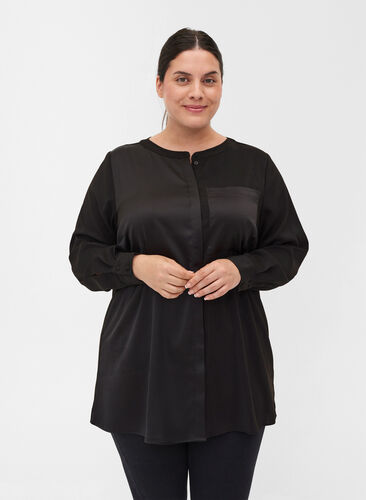 Lange blouse in effen kleur met borstzak, Black, Model image number 0