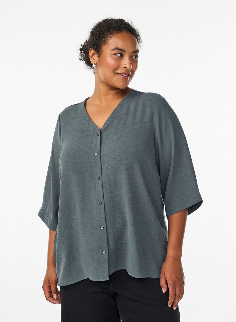 FLASH – Shirtblouse met V-hals en 3/4 mouwen, Groen, Model image number 0