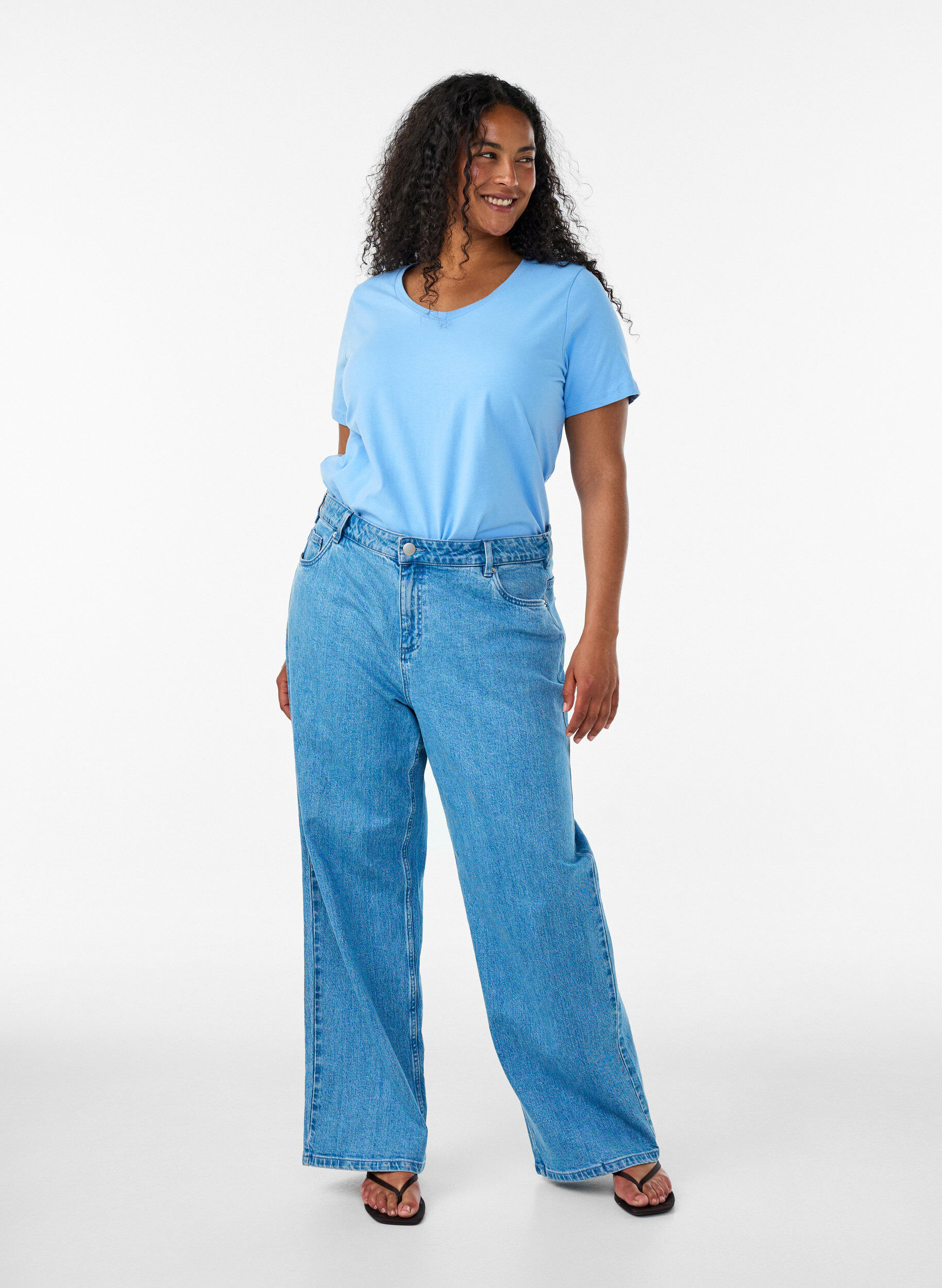 ZizziBasic t-shirt in effen kleur met katoen, Blauw, Model image number 1