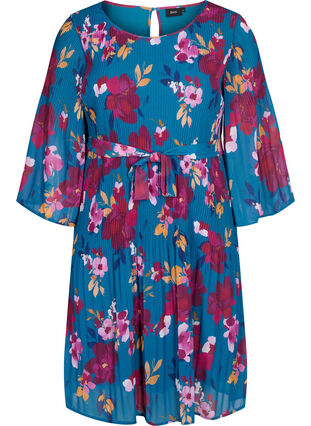 Bedrukte geplooide jurk met bindband, Blue Coral Flower, Packshot image number 0