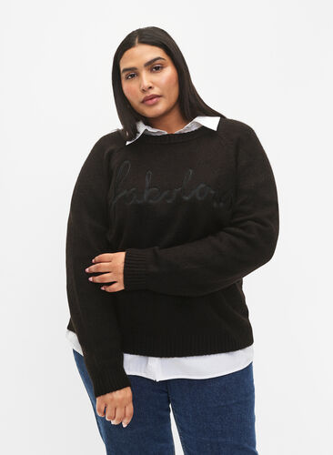 Chemisier en tricot avec texte brodé, Black/Black, Model image number 0