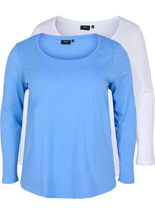 Lot de 2 blouses basiques en coton, Ultramarine/White, Packshot image number 0