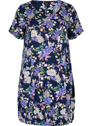 Viscose jurk met print en korte mouwen , Blue Flower AOP, Packshot image number 0