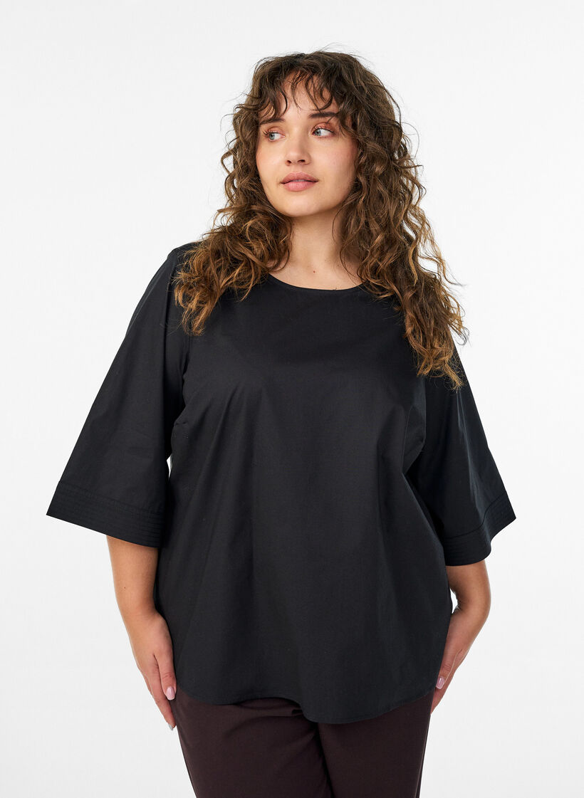 Blouse avec surpiqûres et manches 3/4, Noir, Model image number 0