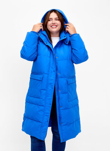 Longue veste polaire avec poches et capuche, French Blue, Model image number 0