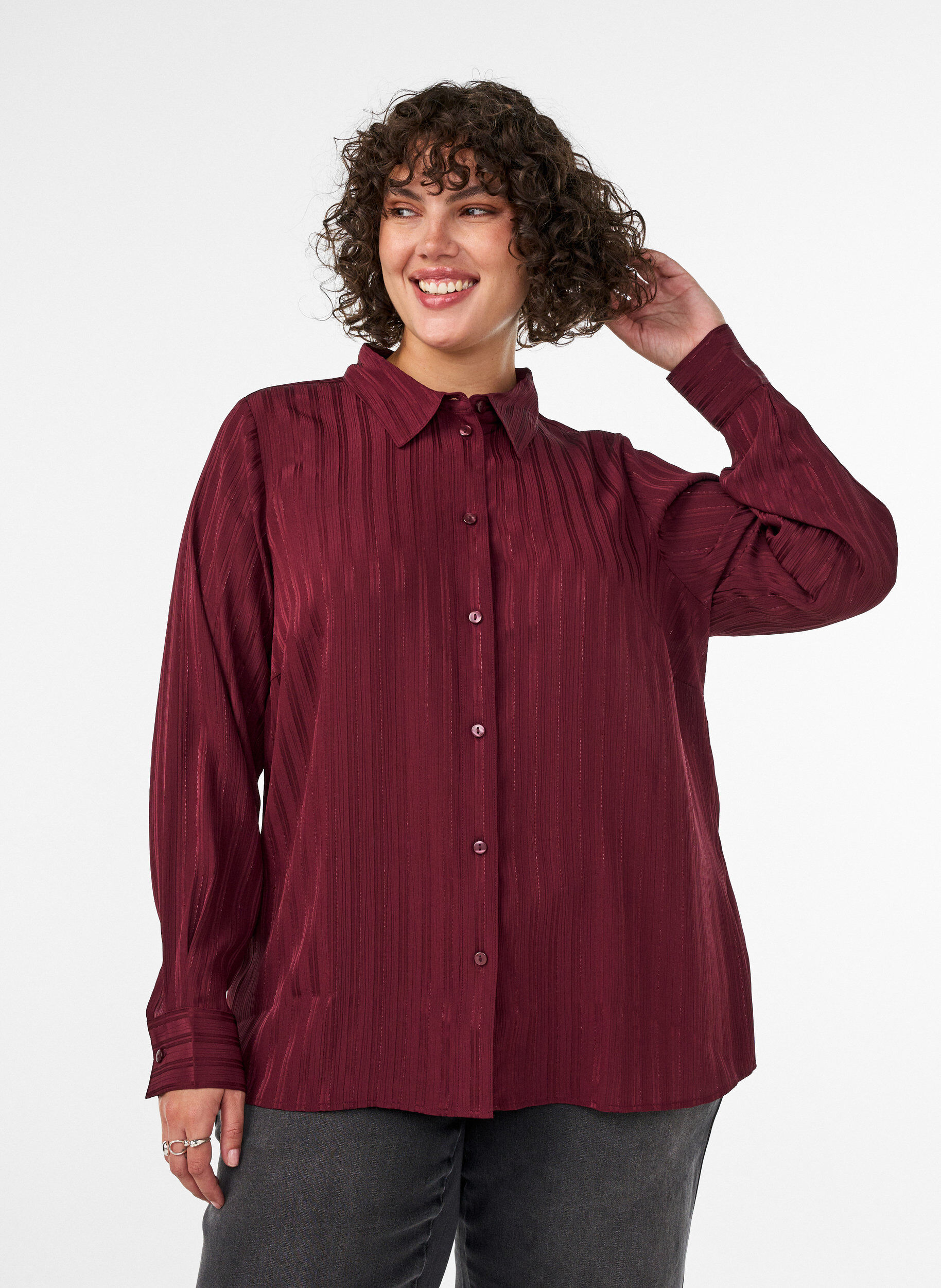 Chemise &agrave; rayures textur&eacute;es et fils paillet&eacute;s, Bordeaux, Model
